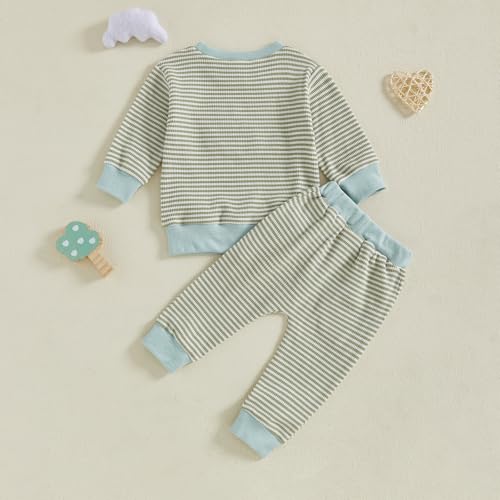 fhutpw Baby Toddler Boy Girl Fall Winter Clothes Embroidery Stripe Pullover Pants Sets Infant Long Sleeve Sweatshirt Outfits (Green Duck, 12-18 Months) - Image 4