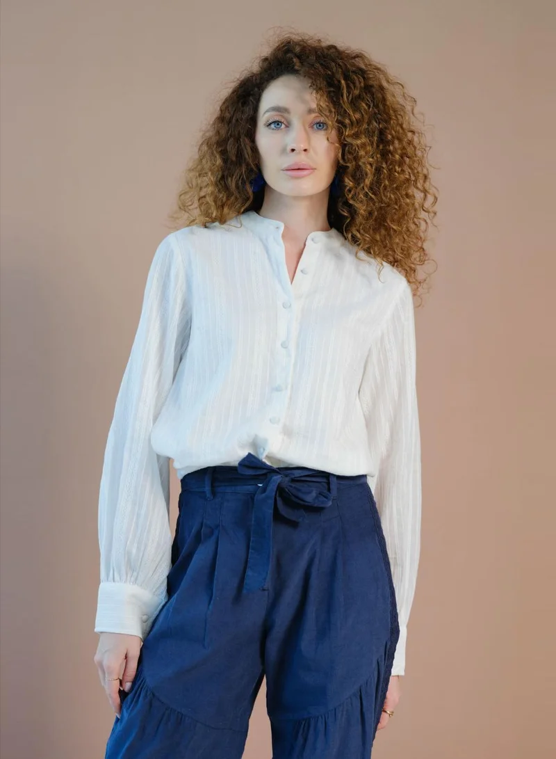 Virgio 100% Cotton Balloon Sleeve Button Down Top