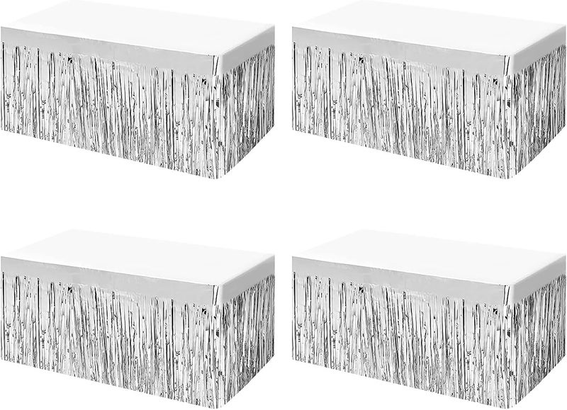 Aimto 4 Pack Metallic Foil Fringe Tinsel Table Skirts,29x108 Inch Party Disposable Table Skirt Banner for Hotel Banquet Parade Floats Mardi Gras Holiday Birthday Wedding New Year Party Decoration(Silver) - Image 1
