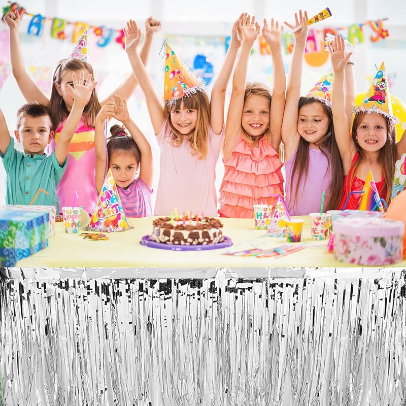 Aimto 4 Pack Metallic Foil Fringe Tinsel Table Skirts,29x108 Inch Party Disposable Table Skirt Banner for Hotel Banquet Parade Floats Mardi Gras Holiday Birthday Wedding New Year Party Decoration(Silver) - Image 4