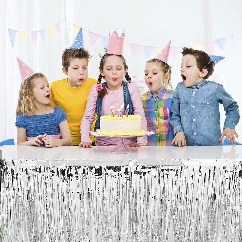 Aimto 4 Pack Metallic Foil Fringe Tinsel Table Skirts,29x108 Inch Party Disposable Table Skirt Banner for Hotel Banquet Parade Floats Mardi Gras Holiday Birthday Wedding New Year Party Decoration(Silver) - Image 3
