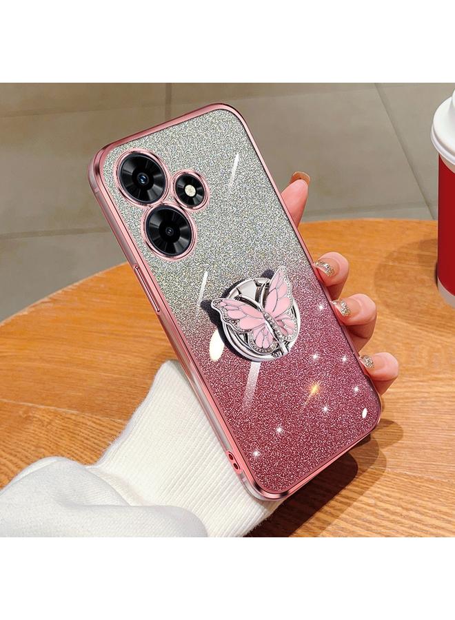 For Infinix Hot 30 Plated Gradient Glitter Butterfly Holder TPU Phone Case(Pink)