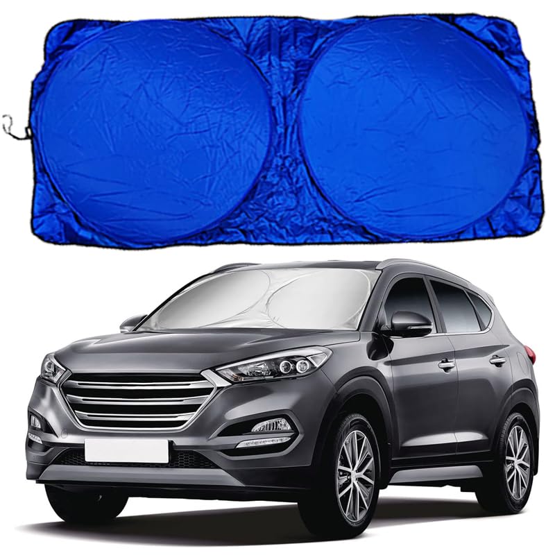 KaberTrade Car Windshield Sun Shade Foldable Sunshade UV Rays Protector Keep Car Cool (Round Silver Face Blue Face, 150 * 70cm, Code:5556) - KaberTrade