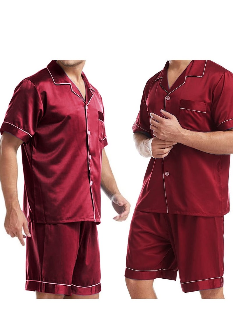 MARGOUN Mens 2pcs Summer Soft Pyjamas Set Short Sleeve Button Down Shirt With Boxer Shorts Red XL (Shirt Length 28''/Shirt Chest 24''/Pajama Length 21''/Pajama Waist 30'')  - Image 5