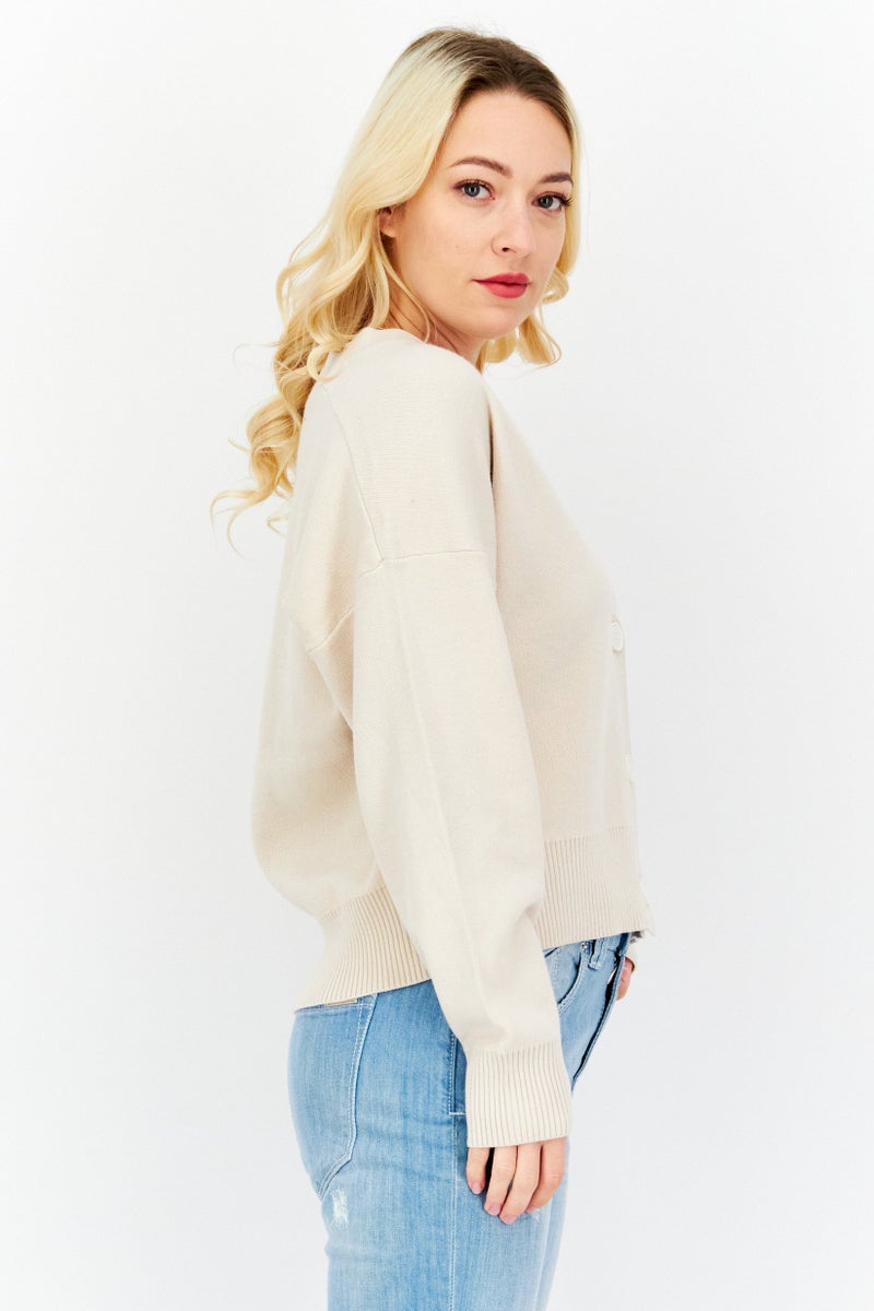 Tahari كارديغان طويل الأكمام بتصميم محبوك على شكل V للنساء من T Tahari، بيج - Image 1