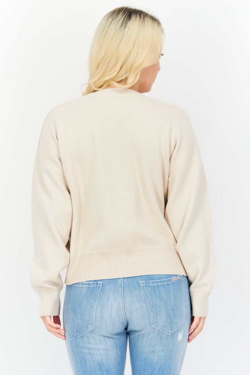 Tahari كارديغان طويل الأكمام بتصميم محبوك على شكل V للنساء من T Tahari، بيج - Image 3