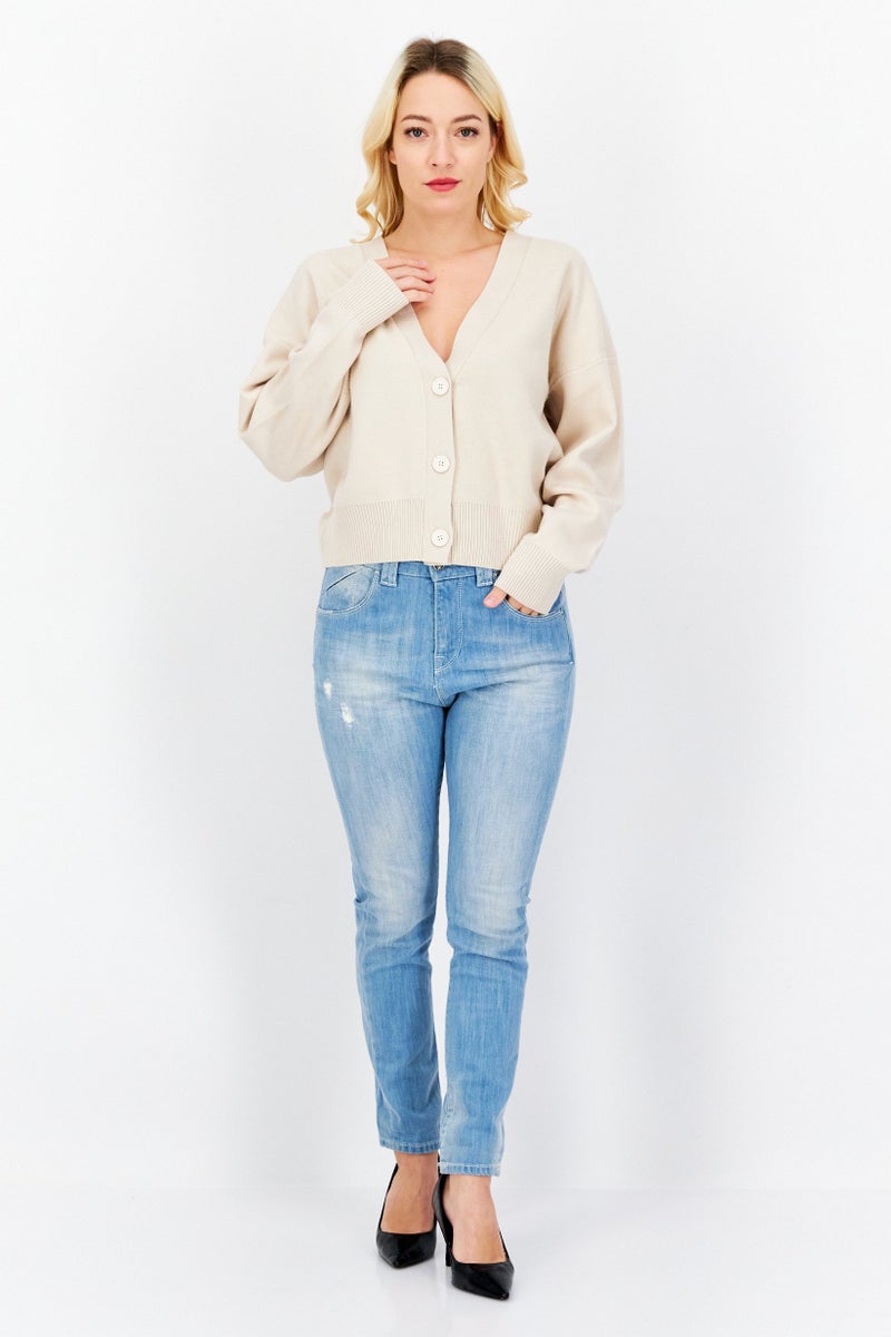 Tahari كارديغان طويل الأكمام بتصميم محبوك على شكل V للنساء من T Tahari، بيج - Image 2