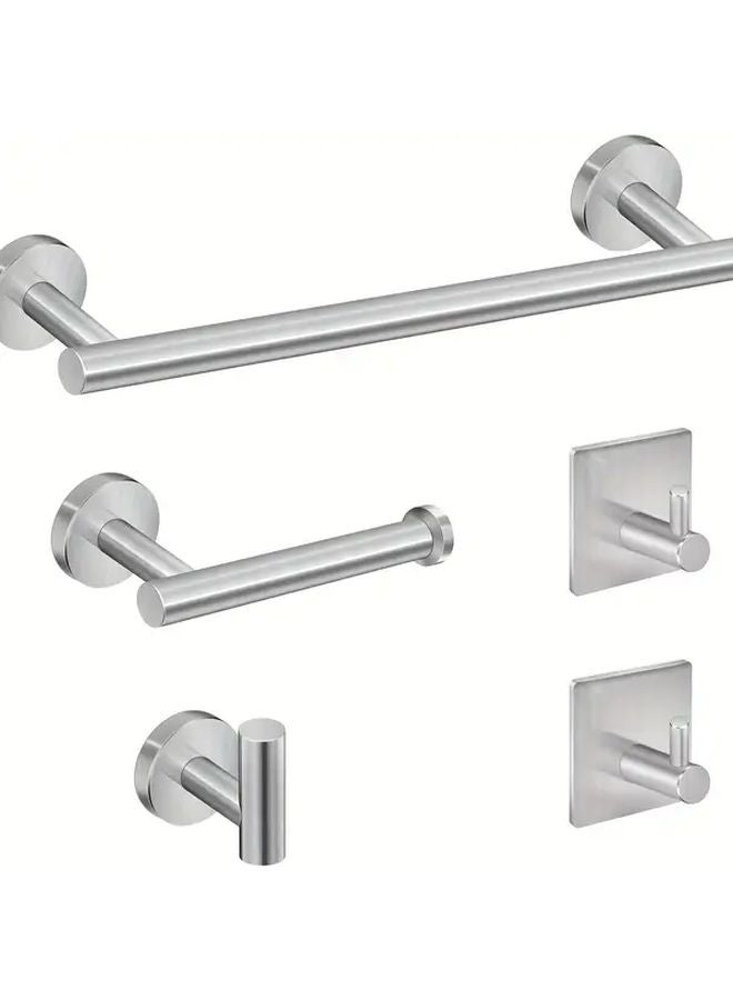 5Pcs Stainless Steel Bathroom Hardware Set Silvery Wall Mounted Towel Bar Hooks - Image 1