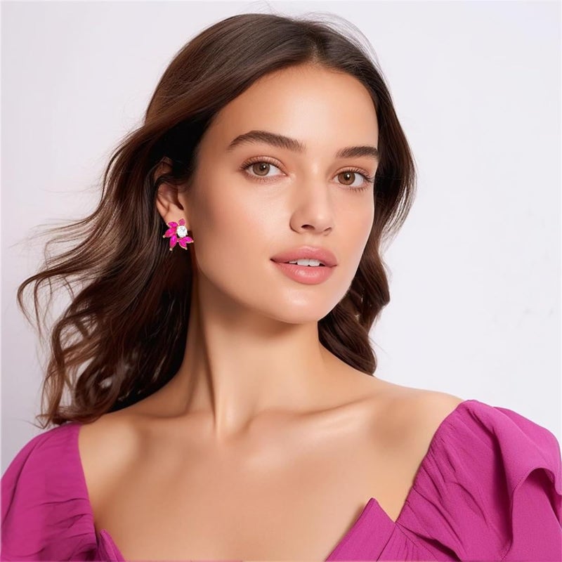WanBigVa Hot Pink Rhinestone Cluster Stud Earrings Elegant Small Marquise Crystal Wedding Earrings for Brides Bridemaids Party Prom Costume Earrings for Women - Image 3