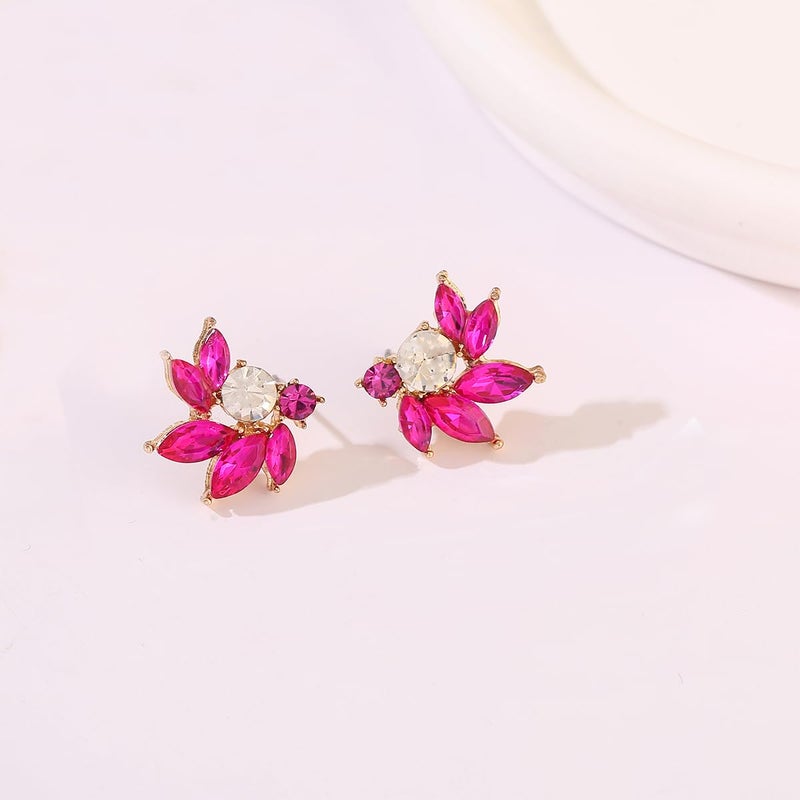 WanBigVa Hot Pink Rhinestone Cluster Stud Earrings Elegant Small Marquise Crystal Wedding Earrings for Brides Bridemaids Party Prom Costume Earrings for Women - Image 5