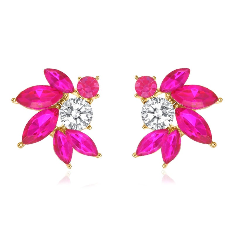 WanBigVa Hot Pink Rhinestone Cluster Stud Earrings Elegant Small Marquise Crystal Wedding Earrings for Brides Bridemaids Party Prom Costume Earrings for Women - Image 1