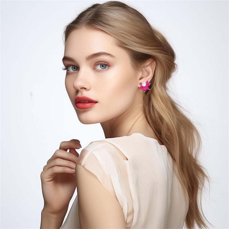 WanBigVa Hot Pink Rhinestone Cluster Stud Earrings Elegant Small Marquise Crystal Wedding Earrings for Brides Bridemaids Party Prom Costume Earrings for Women - Image 2