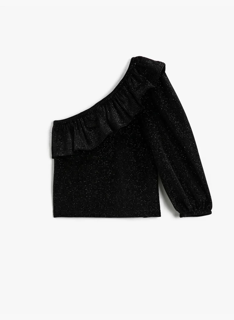 كوتون One Shoulder Ruffled Gleamy T-Shirt Long Sleeve Elastic Cuff