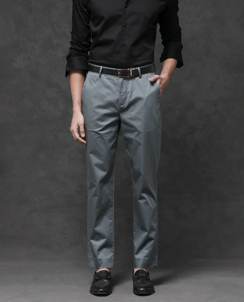 Rare Rabbit Rare Rabbit Mens Comotel Grey Cotton Linen Satin Stretch Regular Fit Mid Rise Solid Trousers