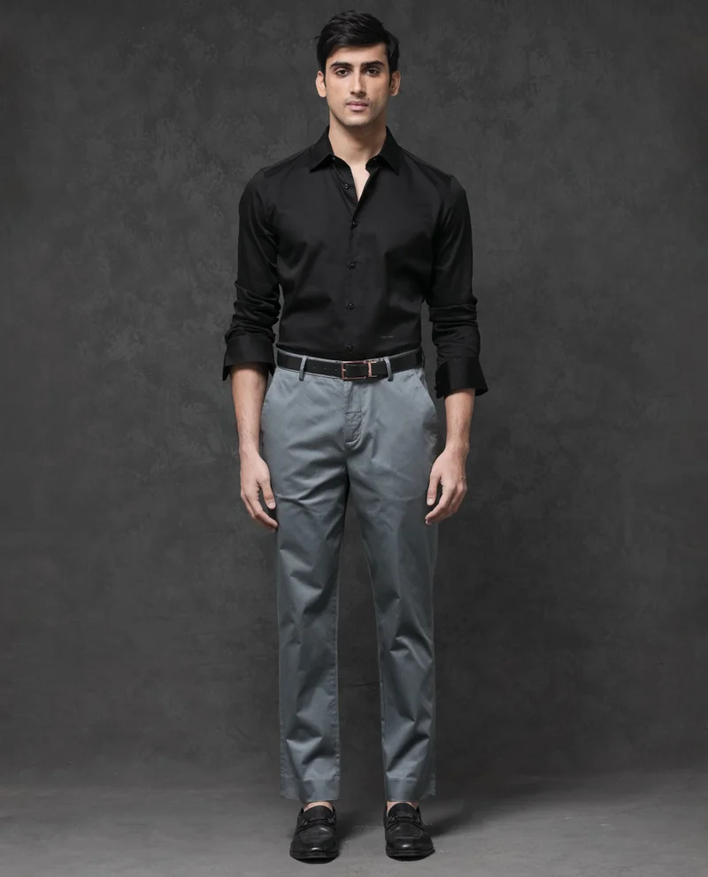 Rare Rabbit Rare Rabbit Mens Comotel Grey Cotton Linen Satin Stretch Regular Fit Mid Rise Solid Trousers