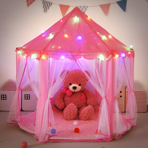 LimitlessFunN Hexagon Princess Play Tent Includes Star Lights Carrying Case Children Large Indoor Castle Playhouse for Girls Toddlers 55 D x 55 W x 53 H - Image 1