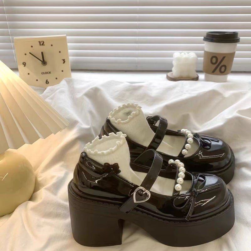 Round Toe Platform Mary Jane Shoes for Women 2026 Spring French Heel with Pearl Strap Loafer - Image 4