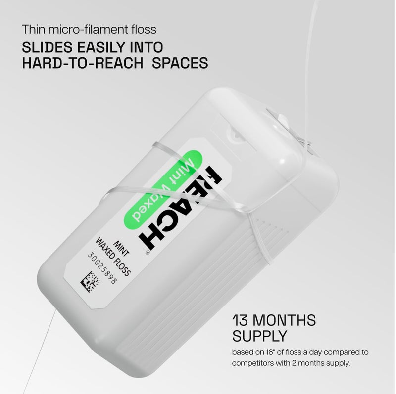 REACH REACH Waxed Dental Floss, Mint, Plaque Remover for Teeth, Shred Resistant, Floss Slides Smoothly, Easy to Use, Waxed, Deep Cleaning Teeth, Oral Care, PFAS Free, for Adults & Kids, 6 Pack, 200 yd - Image 2