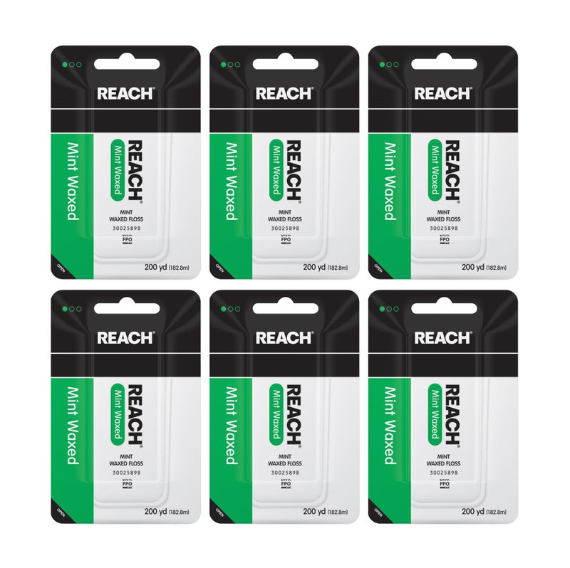 REACH REACH Waxed Dental Floss, Mint, Plaque Remover for Teeth, Shred Resistant, Floss Slides Smoothly, Easy to Use, Waxed, Deep Cleaning Teeth, Oral Care, PFAS Free, for Adults & Kids, 6 Pack, 200 yd - Image 1
