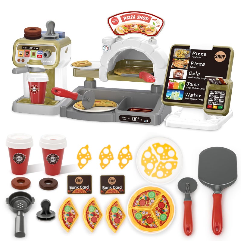 deAO Pizza Play Set with Coffee Maker Machine Cash Register Pretend Play Food Set Kitchen Playset Accessories Gifts for Boys Girls Age 3 - Image 3