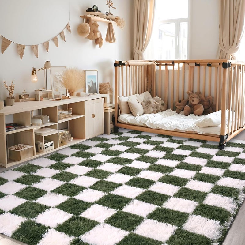 FALARK Rugs for Living Room Bedroom, 5x7 ft Dark Green and White Checkered Area Rug, Fluffy Soft Washable Carpet, Modern Non-Slip Shag Carpets for Boys Girls Nursery Home Aesthetic Decor Room - Image 3