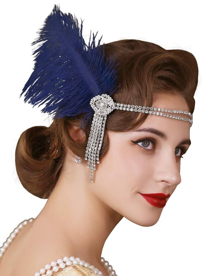 Excefore 1920's Flapper Headband, Great Gatsby Inspired Feather Headpiece 20s Art Deco Hair Accessories, BLUE - Image 1