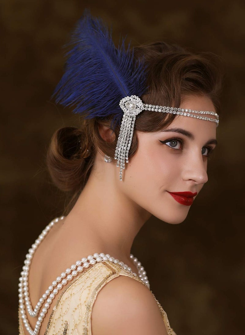 Excefore 1920's Flapper Headband, Great Gatsby Inspired Feather Headpiece 20s Art Deco Hair Accessories, BLUE - Image 3