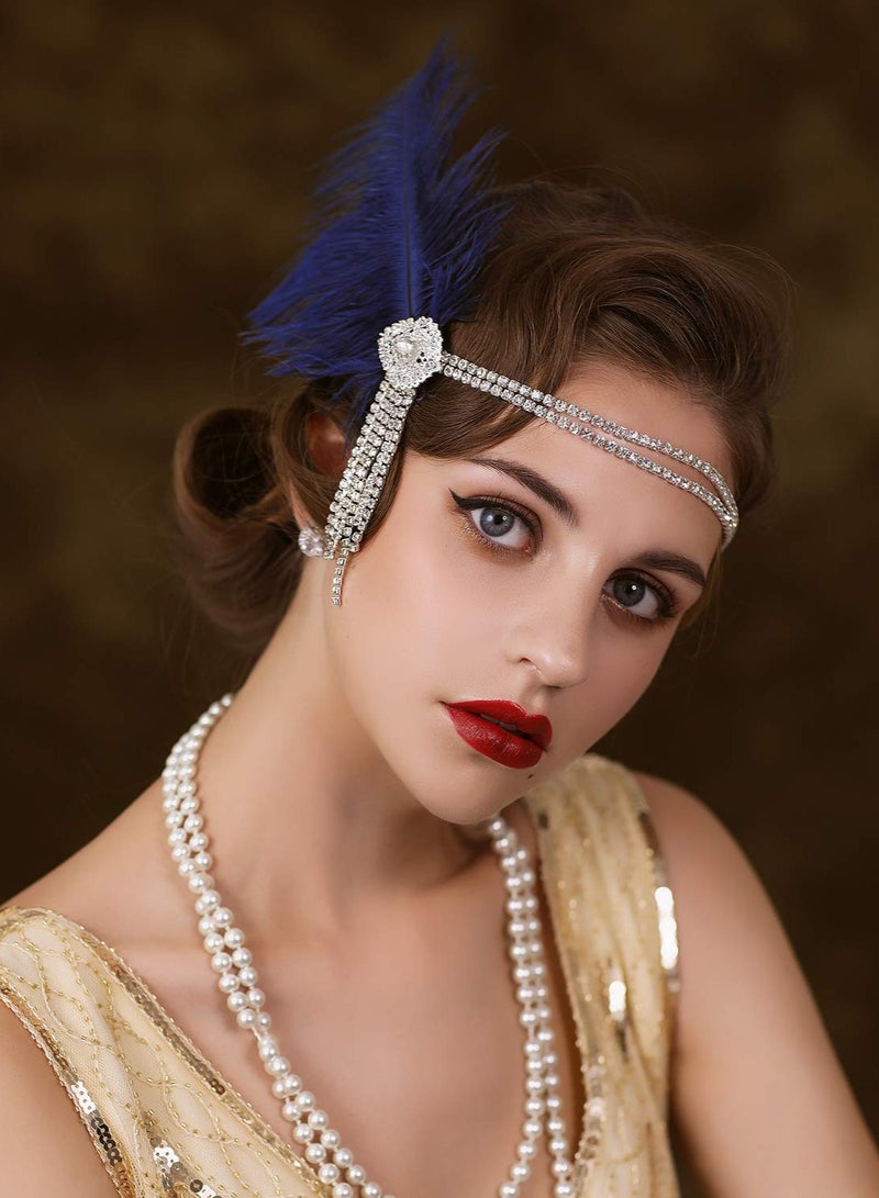 Excefore 1920's Flapper Headband, Great Gatsby Inspired Feather Headpiece 20s Art Deco Hair Accessories, BLUE - Image 2