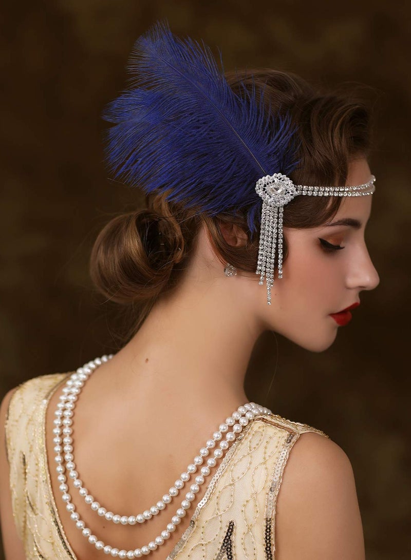 Excefore 1920's Flapper Headband, Great Gatsby Inspired Feather Headpiece 20s Art Deco Hair Accessories, BLUE - Image 4