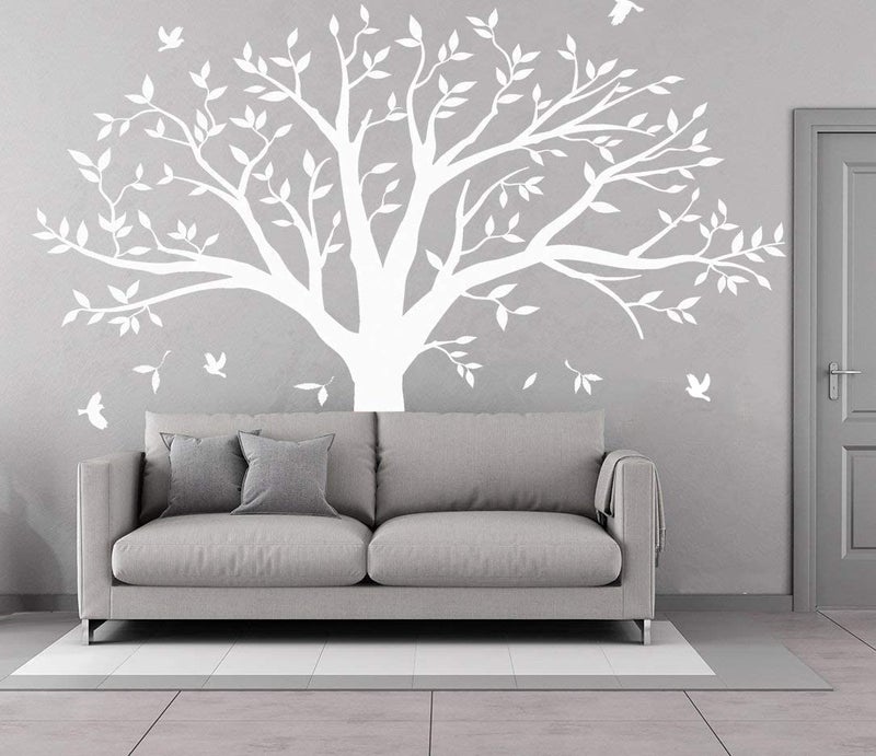 Giant Family Tree Wall Decals Photo Tree Wall Decals with Birds Wall Stickers for Living Room Nursery Bedroom Decoration White