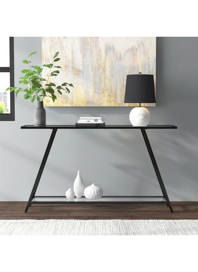 HOME TASTE Hometaste Elegant Console Table Tempered Glass Sofa Table Modern Entryway Table With Metal Frame Pre-Assembled Glass Shelves For Living Room Hallway Black 