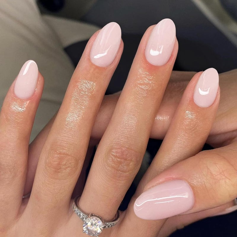 KQueenest Pastel Light Pink Press on Nails Short Oval, Glossy Soft Gel Fake Nails Press on, Extra Short Almond Fake Nails with UV Cover, Thick Acrylic Glue on Nails for Wome Wedding & Everyday 4 Pcs - Image 1