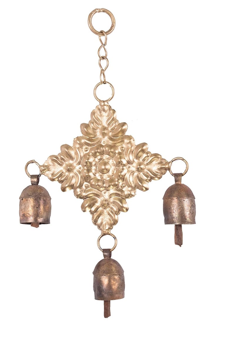 Ethnics of Kutch Ethnics of Kutch Hand Made Metal Bells Wrought Iron CopperZinc Coated Home Dcor Chimes Cow Bell Sparkles 3 Bells 24 cms Length Colour Copper BEL0051 - Image 1