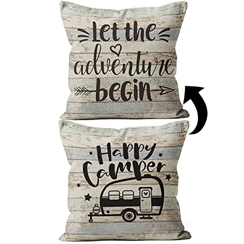 M-Qizi Happy Camper Pillow Covers - Two-Sided Printing Linen Pillow Cover 18x18, Camper Decorations for Inside, RV Gifts - Image 1