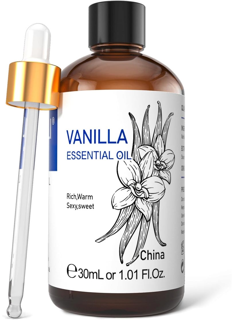 HIQILI HIQILI 1 Fl Oz Vanilla Essential Oil, Undiluted Natural Strong Fragrance Add in Skin Perfume, Unscented Lotion, Candle Soap Making Scent, Relax at Home with Diffuse Warm Sweet Aroma 