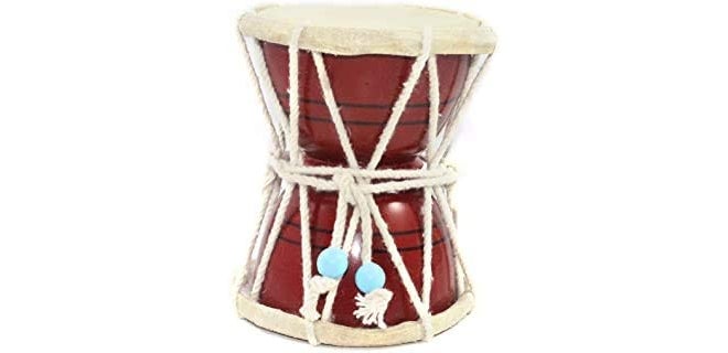 Handcrafted Lord Shiva Wooden Damru For Puja Big 6 Inch Damroo Blue Color (Red)