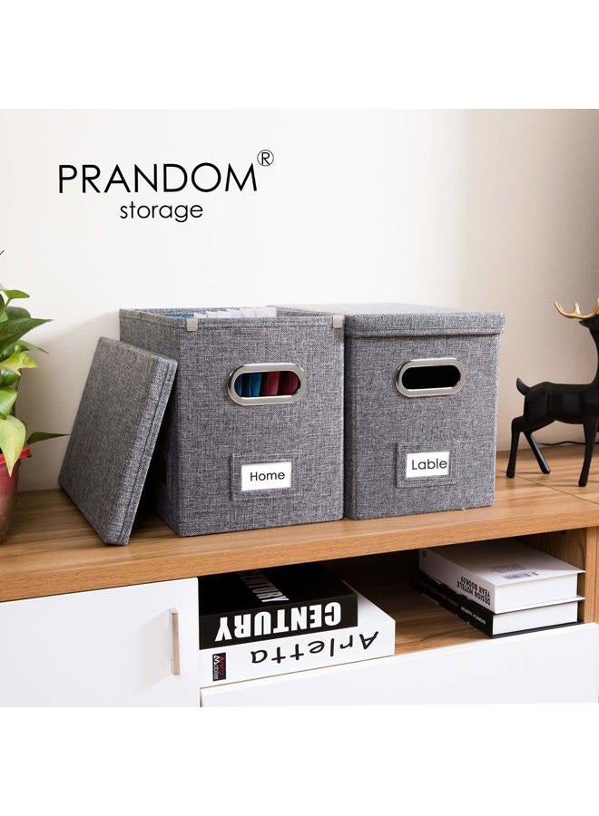PRANDOM File Organizer Box - Set of 2 Collapsible Decorative Linen Filing Storage Hanging File Folders with Lids Office Cabinet Letter Size Grey 14x9.3x10.8 inch - Image 3