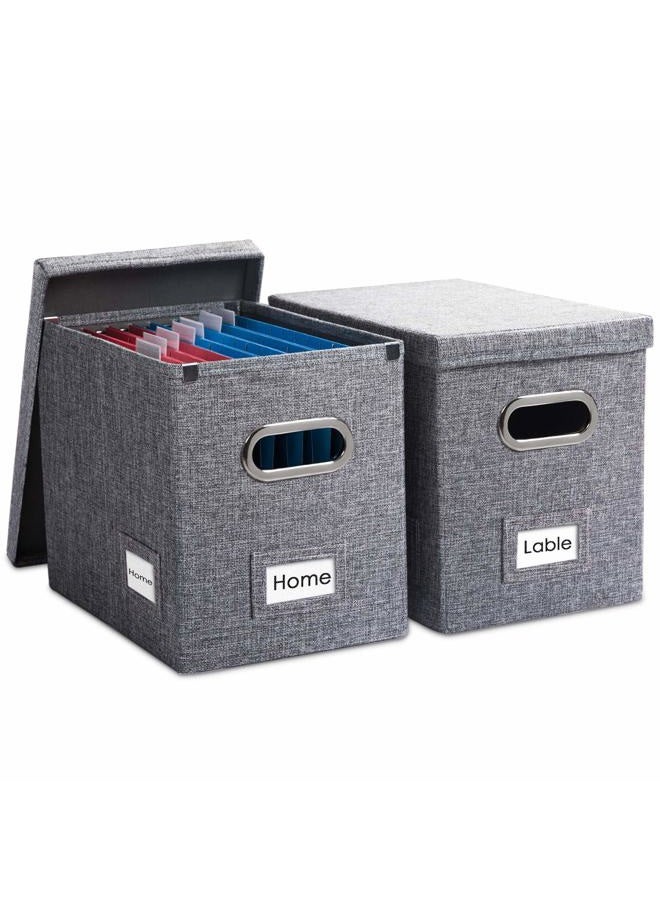PRANDOM File Organizer Box - Set of 2 Collapsible Decorative Linen Filing Storage Hanging File Folders with Lids Office Cabinet Letter Size Grey 14x9.3x10.8 inch - Image 1