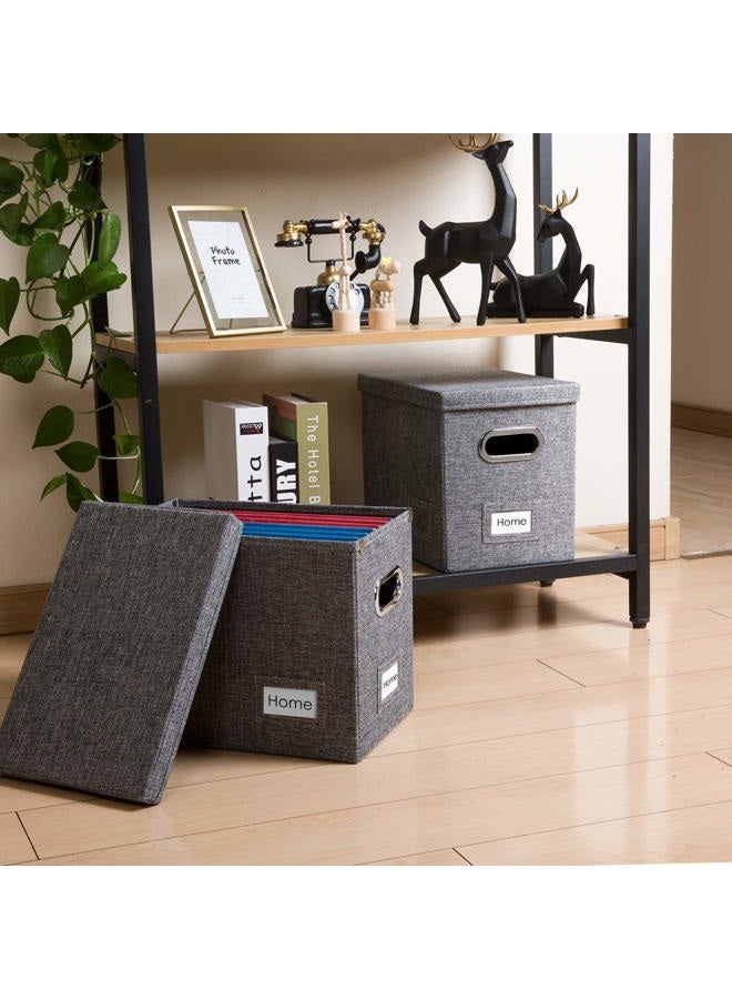 PRANDOM File Organizer Box - Set of 2 Collapsible Decorative Linen Filing Storage Hanging File Folders with Lids Office Cabinet Letter Size Grey 14x9.3x10.8 inch - Image 2