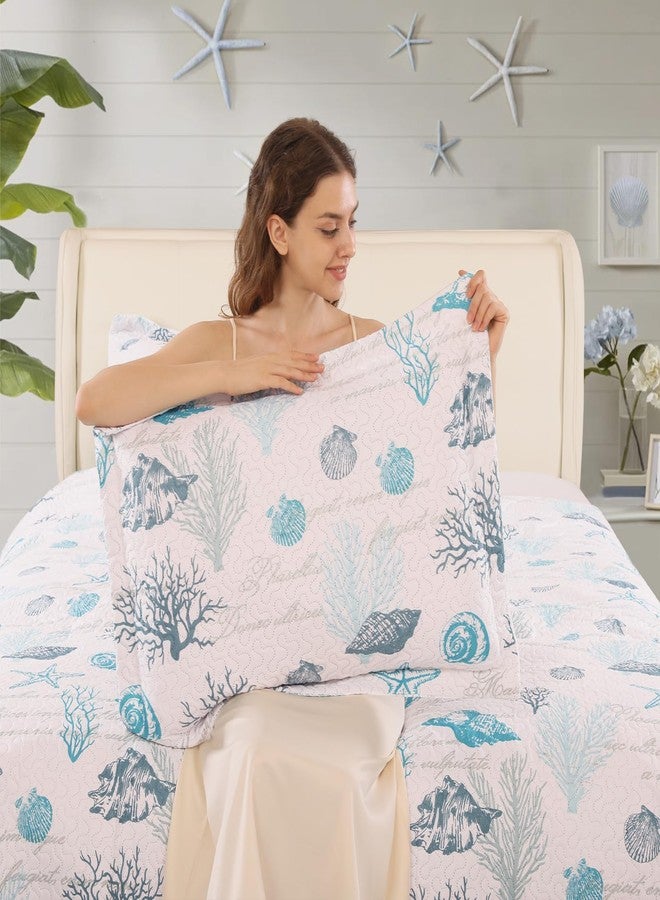 CHESITY 3-Piece Ocean Quilts Set Full/Queen Size Beach Bedspread Lightweight Coastal Bedding Reversible Bedding Cover Nautical Coverlet Set Seaweed Coral Beach Conch Sheet(90"x90") - Image 2