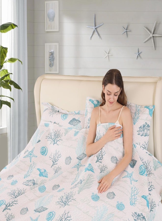 CHESITY 3-Piece Ocean Quilts Set Full/Queen Size Beach Bedspread Lightweight Coastal Bedding Reversible Bedding Cover Nautical Coverlet Set Seaweed Coral Beach Conch Sheet(90"x90") - Image 3