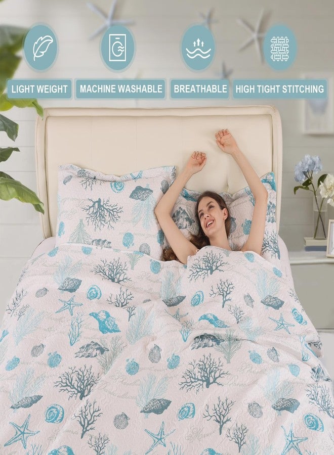 CHESITY 3-Piece Ocean Quilts Set Full/Queen Size Beach Bedspread Lightweight Coastal Bedding Reversible Bedding Cover Nautical Coverlet Set Seaweed Coral Beach Conch Sheet(90"x90") - Image 4