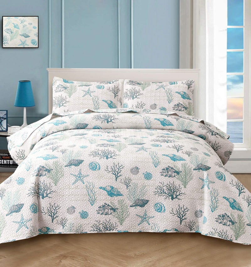 CHESITY 3-Piece Ocean Quilts Set Full/Queen Size Beach Bedspread Lightweight Coastal Bedding Reversible Bedding Cover Nautical Coverlet Set Seaweed Coral Beach Conch Sheet(90"x90") - Image 1
