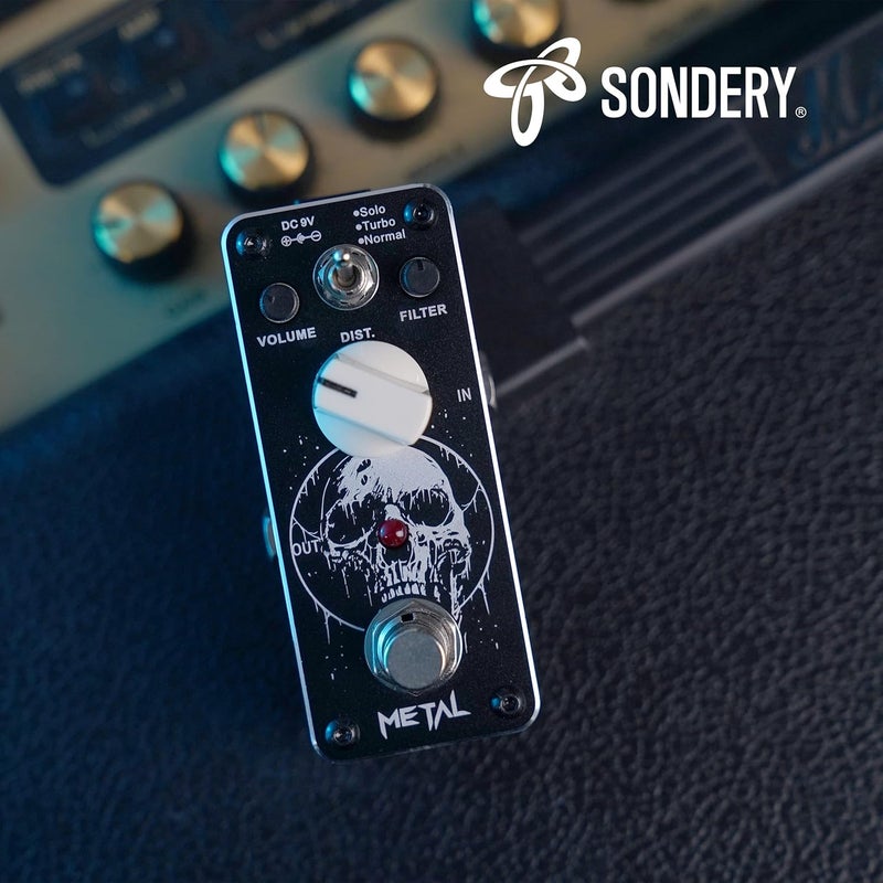 Sondery دواسة تشويه معدنية من للغيتارات الكهربائية، توفر نطاقًا واسعًا وناعمًا من تأثيرات التشويه العتيقة، بثلاثة أوضاع: سولو توربو (Solo Turbo) وعادي (Normal)، مع وظيفة بايباس حقيقي (True Bypass)، وتصميم فني أنيق وحجم صغير. - Image 5
