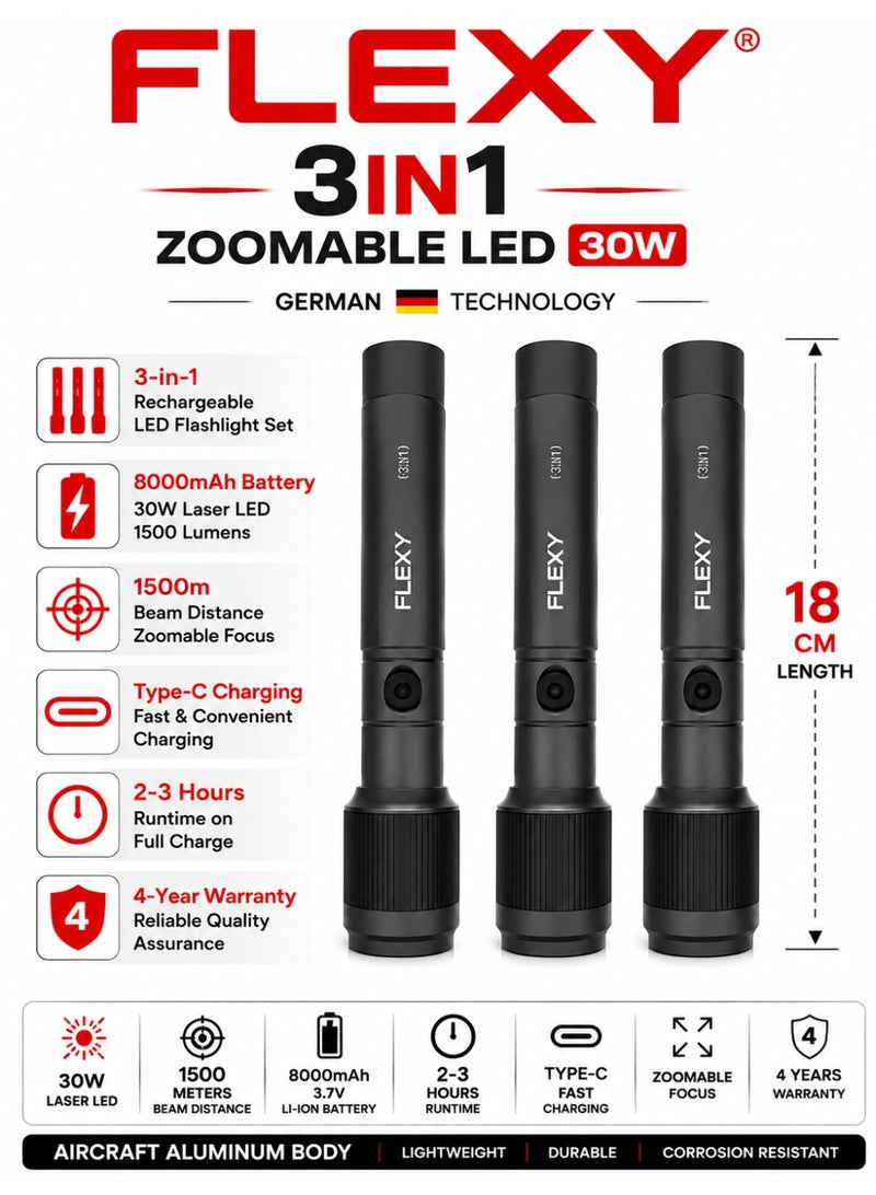 فليكسي طقم كشافات FLEXY Ranger R3 FZ302 القابلة للشحن 3 في 1، بطارية 8000 مللي أمبير، LED بقدرة 30 واط، شحن Type-C، ضمان 4 سنوات - Image 2