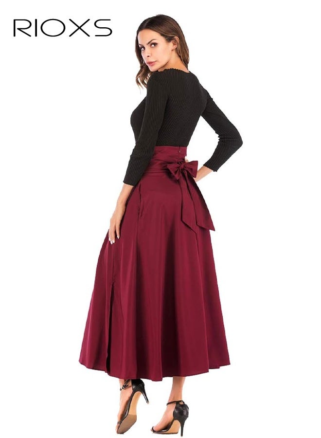 RIOXS Women's Casual High Waist A-Line Skirt Pleated Slim Fit Lace Up Maxi Skirt With Pockets - Image 4