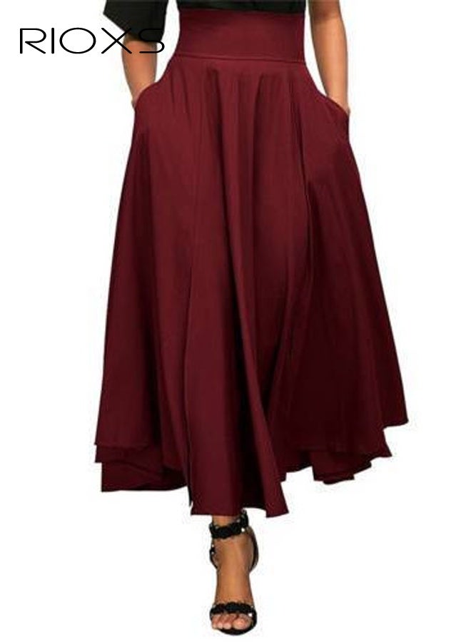 RIOXS Women's Casual High Waist A-Line Skirt Pleated Slim Fit Lace Up Maxi Skirt With Pockets - Image 2