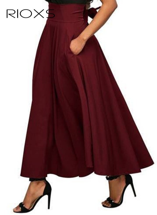 RIOXS Women's Casual High Waist A-Line Skirt Pleated Slim Fit Lace Up Maxi Skirt With Pockets - Image 1
