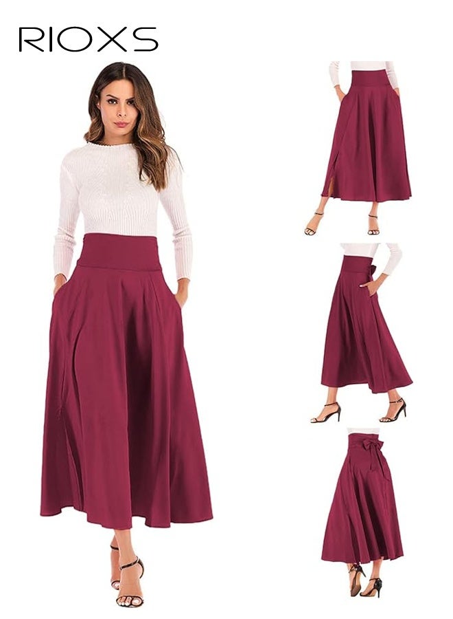 RIOXS Women's Casual High Waist A-Line Skirt Pleated Slim Fit Lace Up Maxi Skirt With Pockets - Image 5