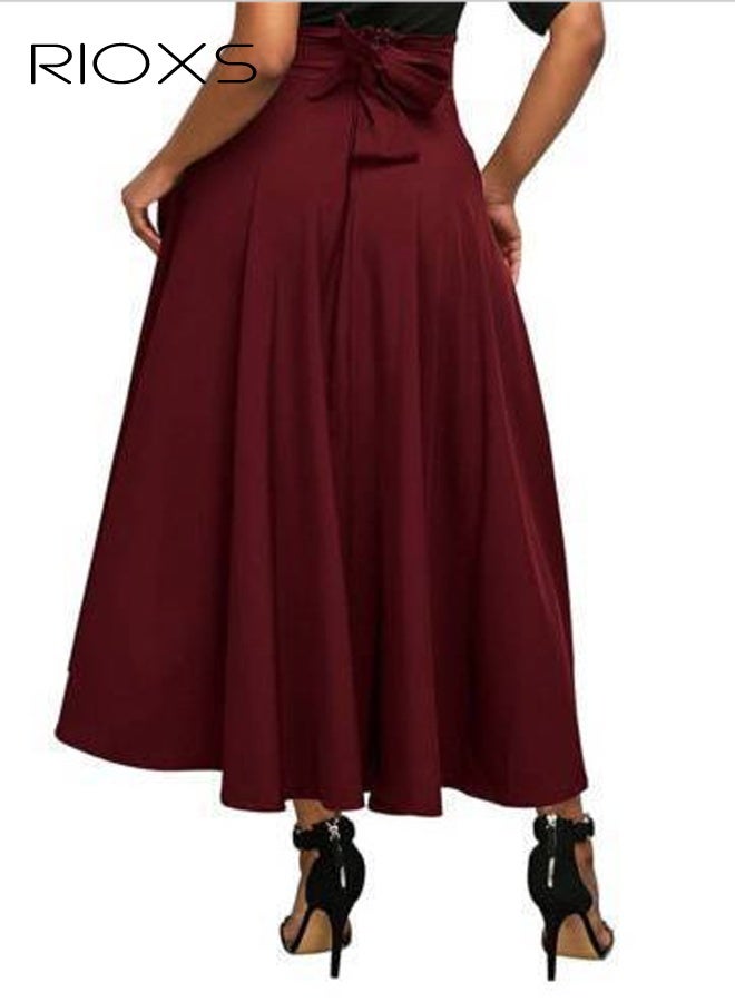 RIOXS Women's Casual High Waist A-Line Skirt Pleated Slim Fit Lace Up Maxi Skirt With Pockets - Image 3